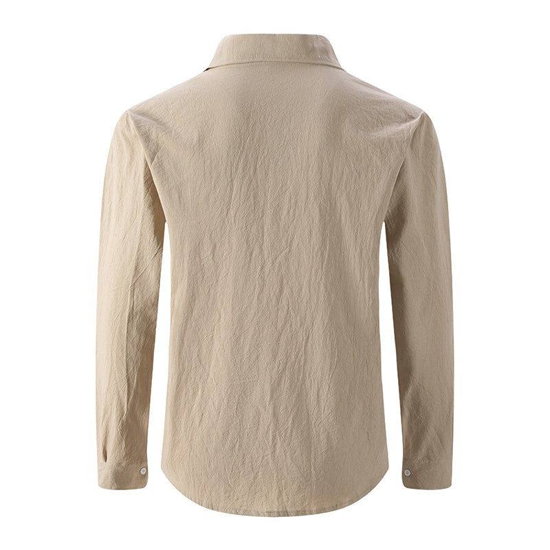Camisa de lino para hombre de manga larga con botonadura frontal