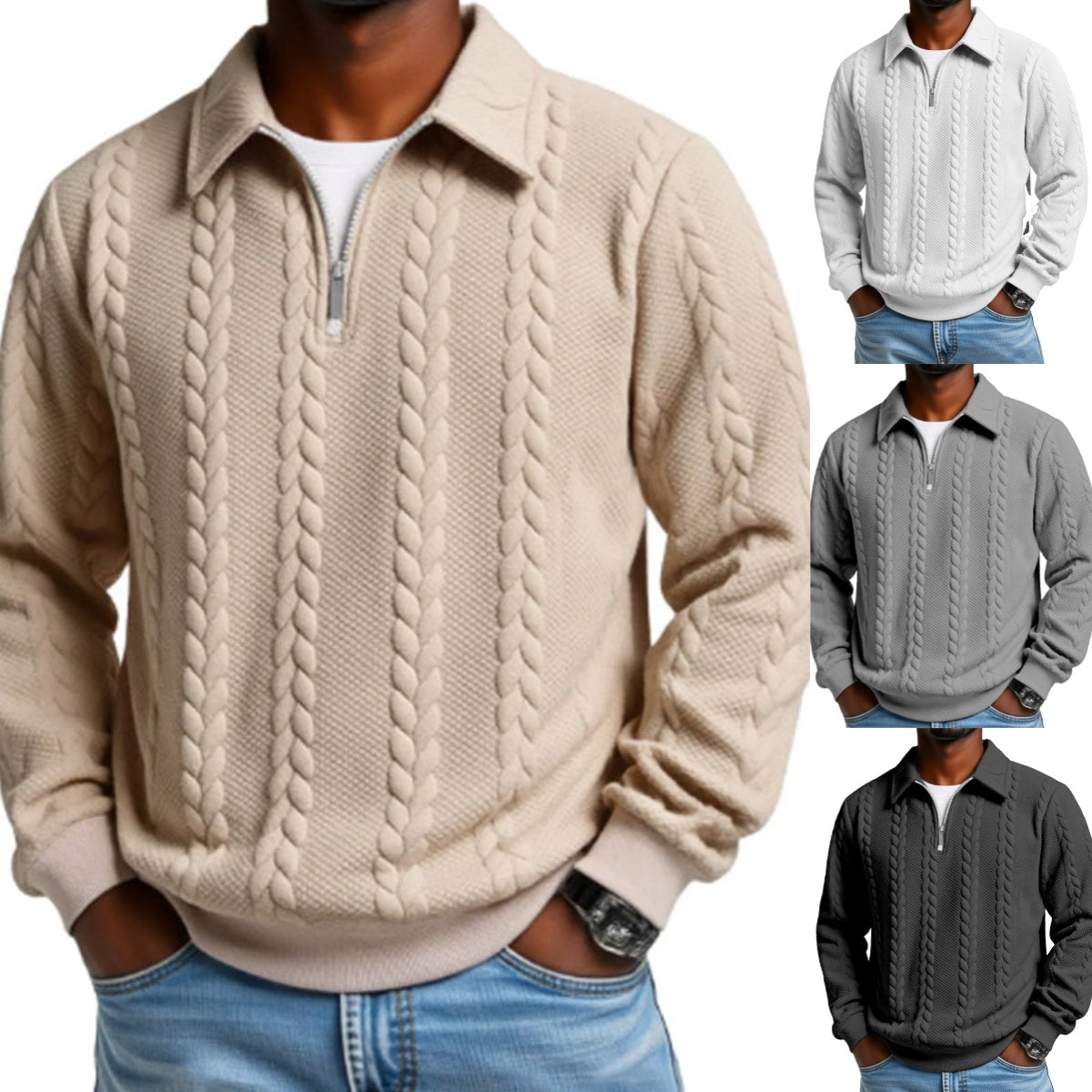 Suéter casual de punto trenzado con media cremallera para hombre