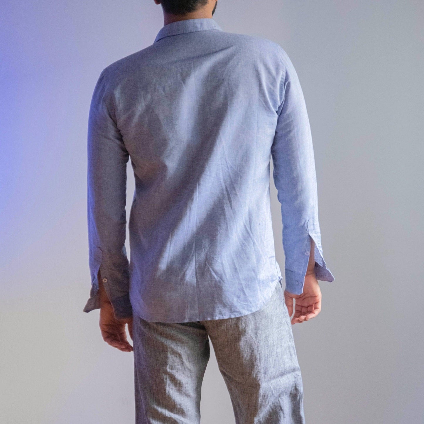 HARBOR Men's Full Sleeve Blue Linen Shirt – Custom Collar, Pocket & Button