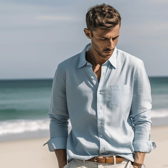 HARBOR Men's Full Sleeve Blue Linen Shirt – Custom Collar, Pocket & Button