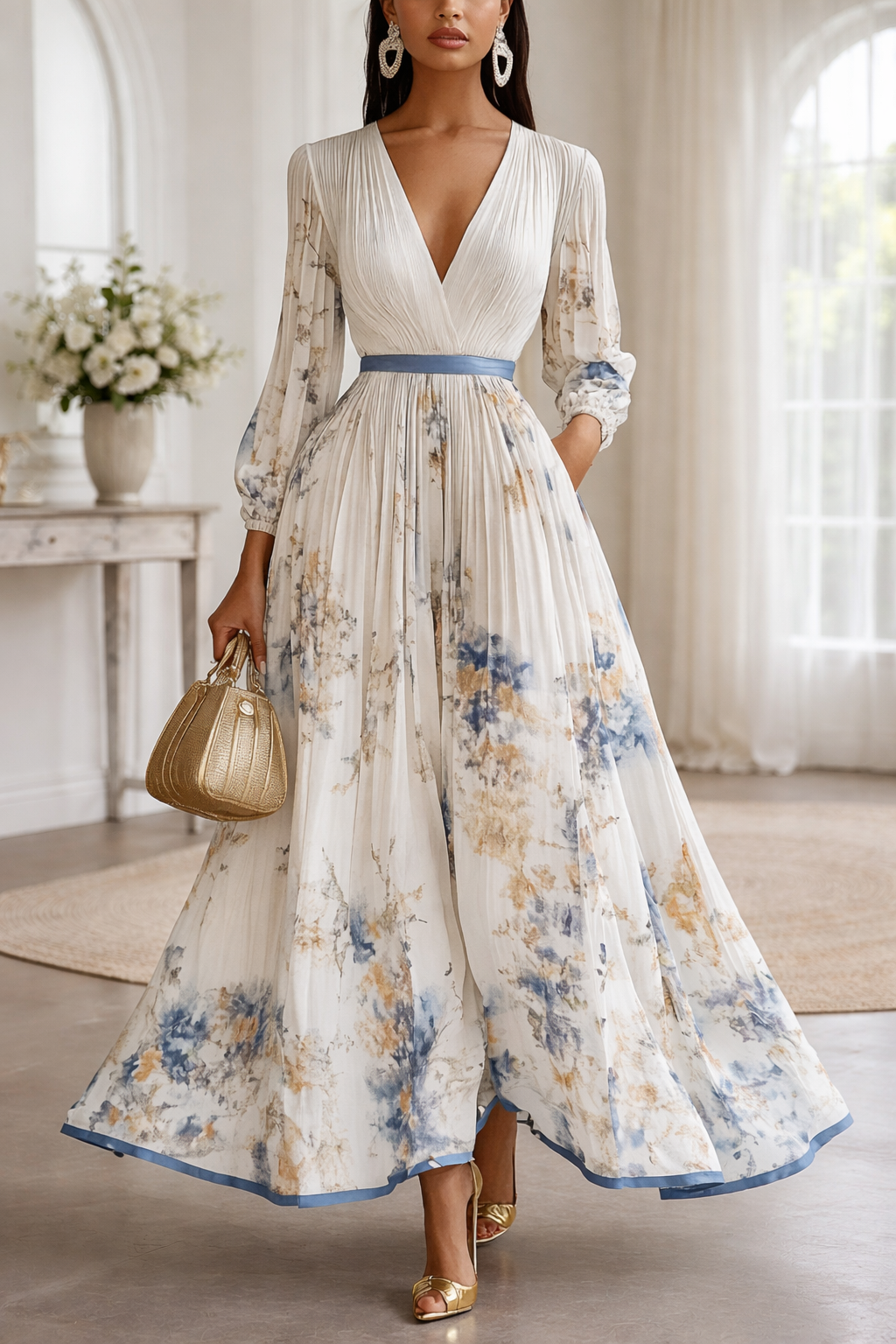Vestido Maxi Floral Azul y Dorado - Ideal para Bodas y Eventos