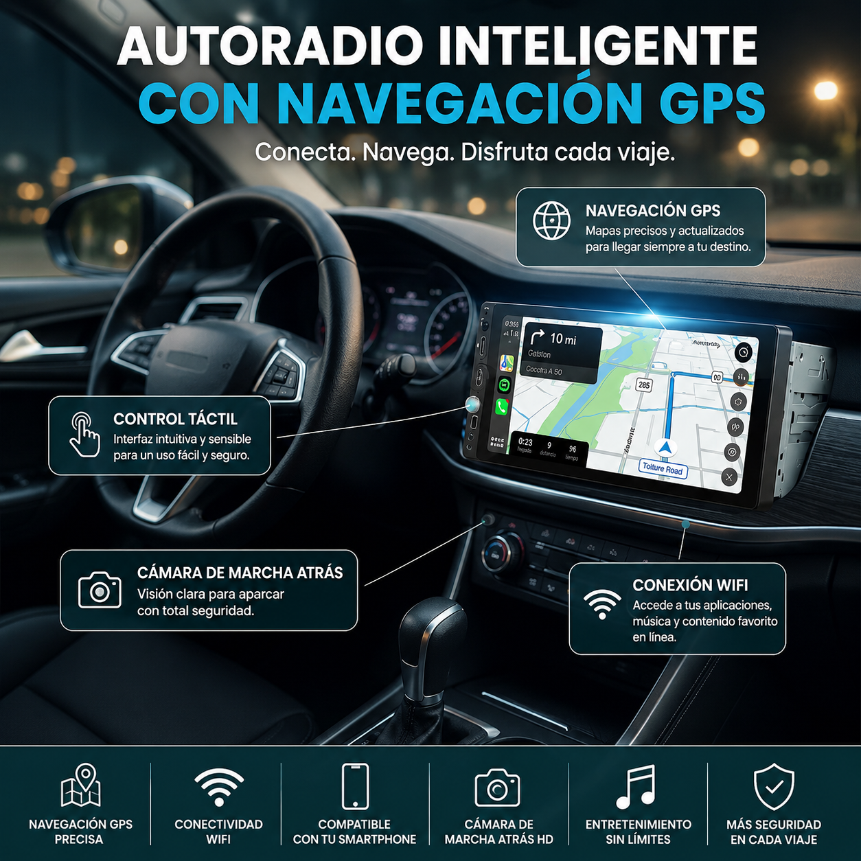 Autoradio inteligente con WiFi, navegación GPS y cámara de marcha atrás