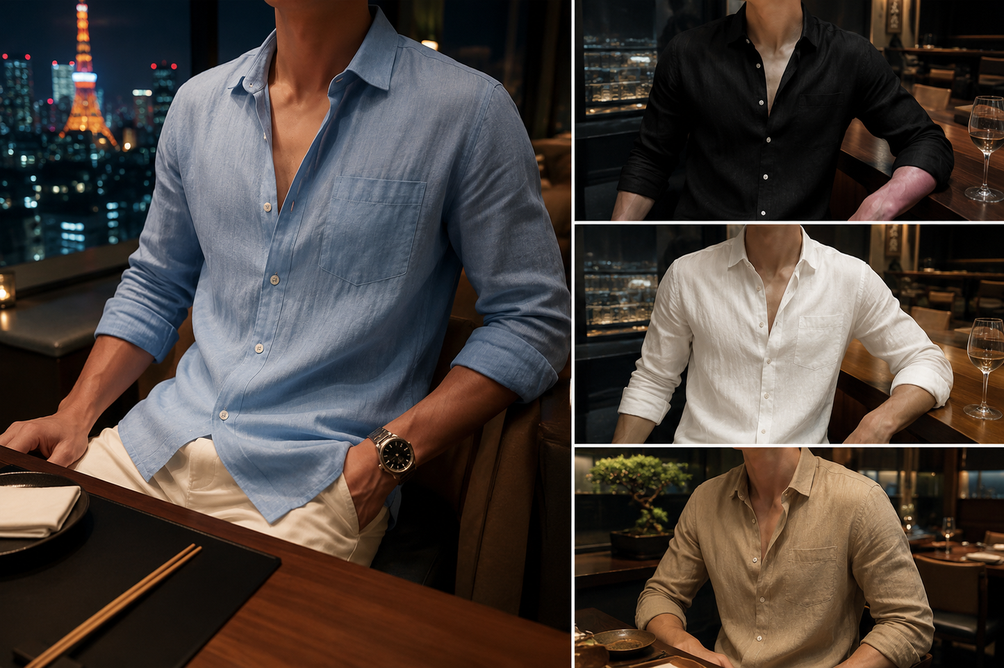 Camisa de lino para hombre de manga larga con botonadura frontal