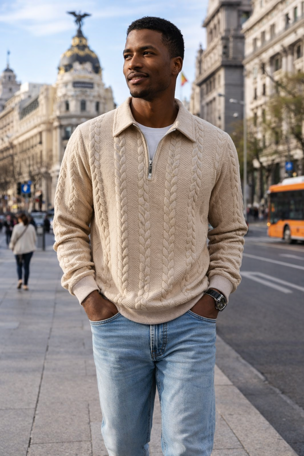 Suéter casual de punto trenzado con media cremallera para hombre