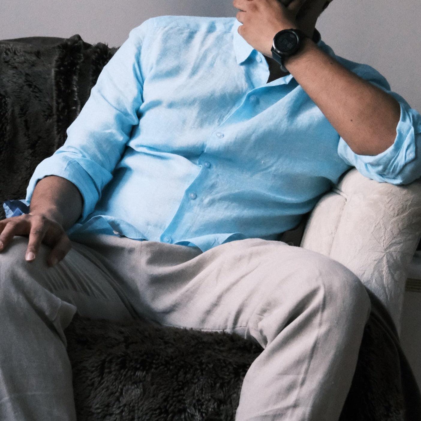 HARBOR Men's Full Sleeve Blue Linen Shirt – Custom Collar, Pocket & Button