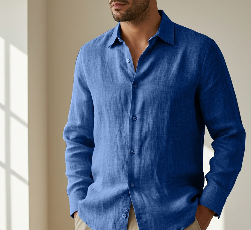 HARBOR Men's Full Sleeve Blue Linen Shirt – Custom Collar, Pocket & Button
