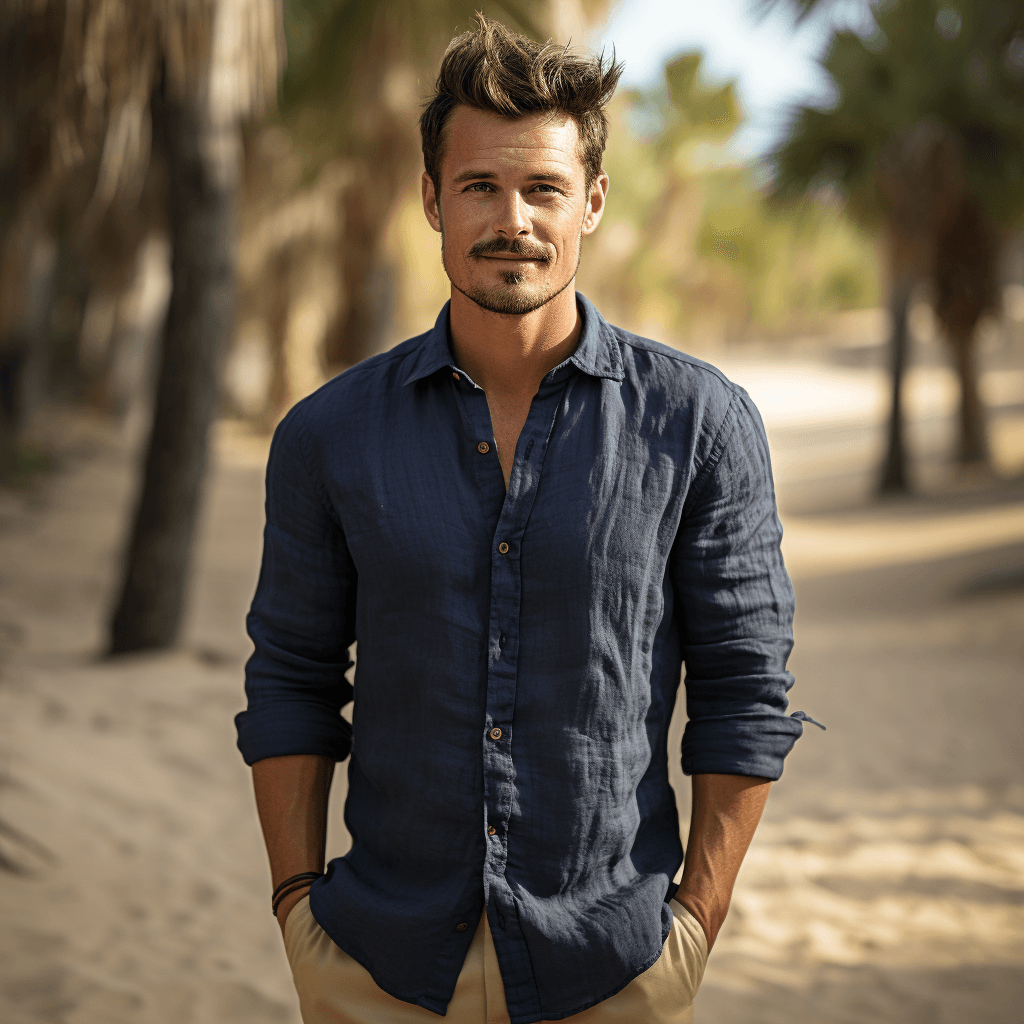 HARBOR Men's Full Sleeve Blue Linen Shirt – Custom Collar, Pocket & Button
