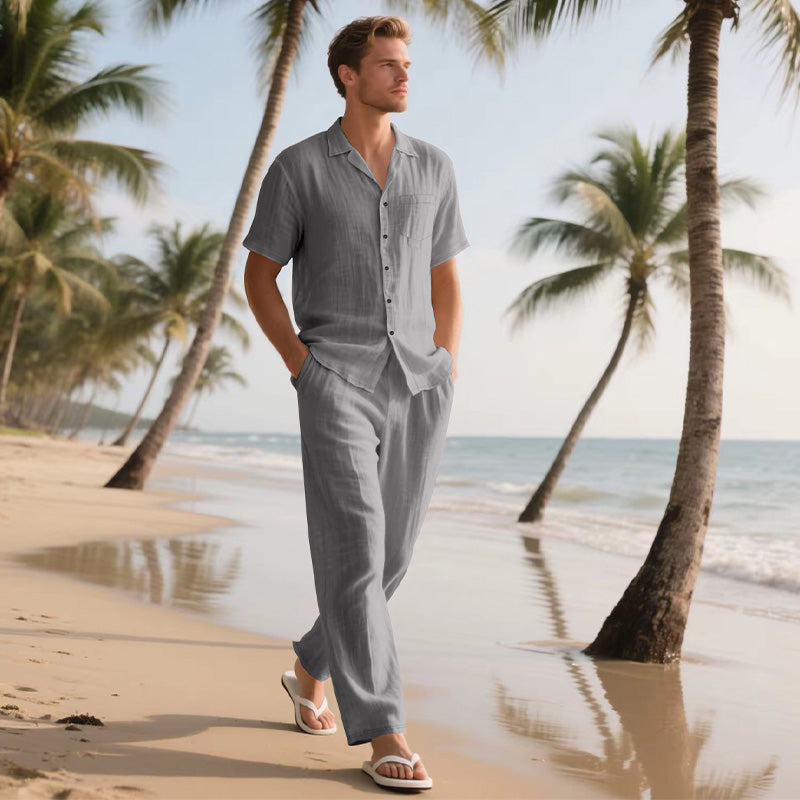 Men's Casual Short Sleeve Shirt & Pants 2-Piece Set