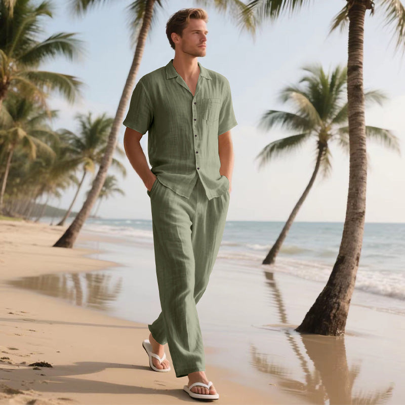 Men's Casual Short Sleeve Shirt & Pants 2-Piece Set