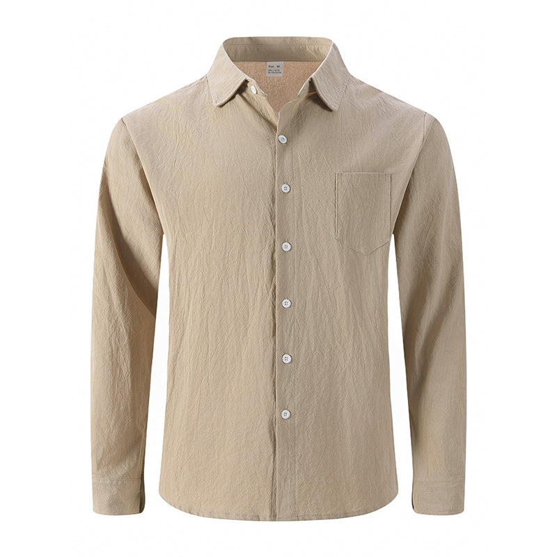 Camisa de lino para hombre de manga larga con botonadura frontal